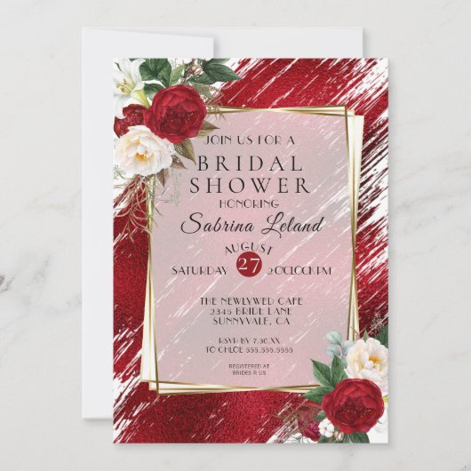 Invitation Ruby Red Peonés et Crimson Paint Stroke (Devant)