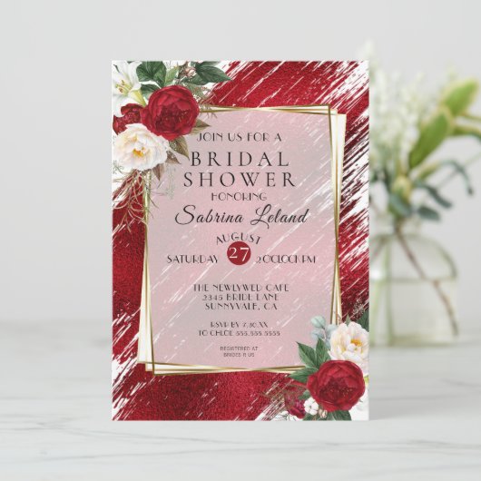 Invitation Ruby Red Peonés et Crimson Paint Stroke (Debout devant)