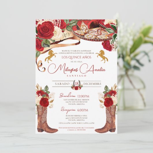 Invitation Ruby Red Rose Fancy Western Charra Quinceanera (Debout devant)