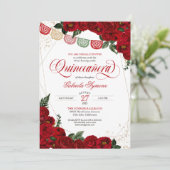 Invitation Ruby Red Rose & Gold Papel Picado Quinceañera (Debout devant)