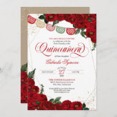 Invitation Ruby Red Rose & Gold Papel Picado Quinceañera (Devant / Derrière)