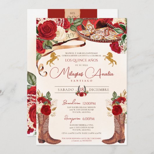 Invitation Ruby Red Roses Elégant Western Charro Quinceañera (Devant / Derrière)