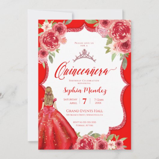 Invitation Ruby Red Roses Floral Aquarelle Quinceañera (Devant)