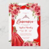 Invitation Ruby Red Roses Floral Aquarelle Quinceañera (Devant / Derrière)