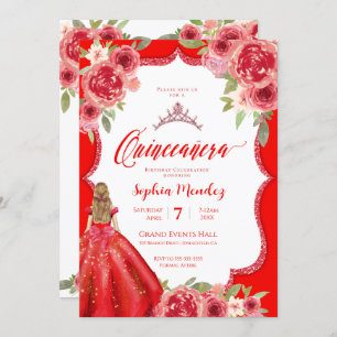 Invitation Ruby Red Roses Floral Aquarelle Quinceañera