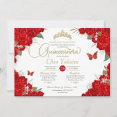 Invitation Ruby Red Roses Floral Tiara Butterfly Quinceanera (Devant)
