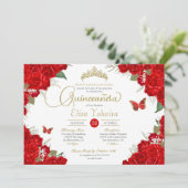 Invitation Ruby Red Roses Floral Tiara Butterfly Quinceanera (Debout devant)