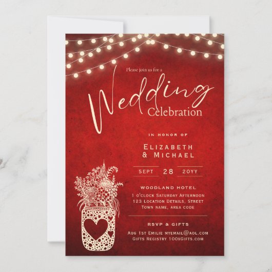 Invitation Ruby Red Rustic Mason Jar Mariage DIGITAL Imprimer (Devant)