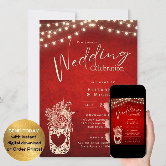 Invitation Ruby Red Rustic Mason Jar Mariage DIGITAL Imprimer
