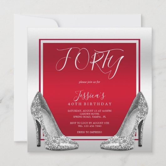 Invitation Ruby Red & Silver Stilettos 40e anniversaire (Devant)