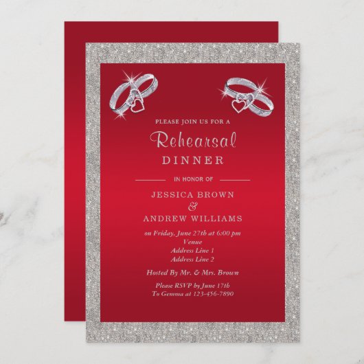 Invitation Ruby Red, Sparkly Silver Rings Dîner de répétition (Devant / Derrière)
