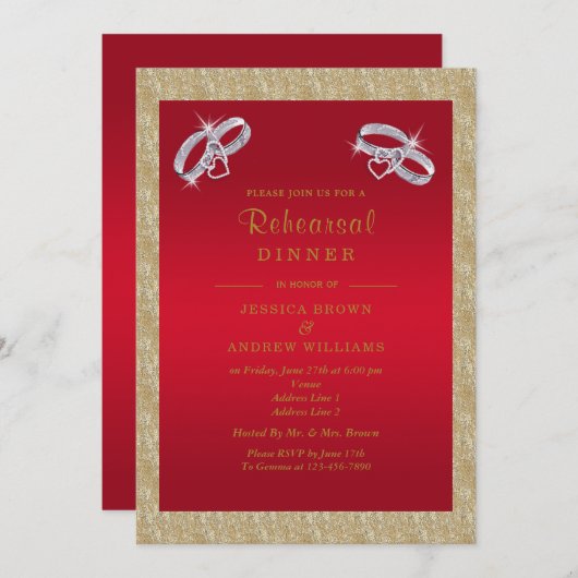 Invitation Ruby Red, Sparkly Silver Rings Dîner de répétition (Devant / Derrière)