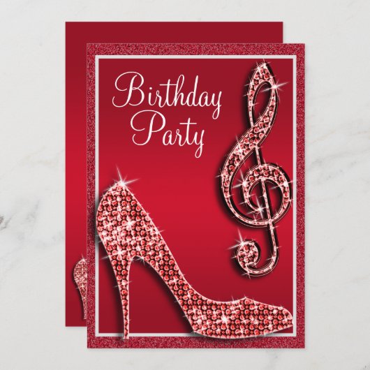 Invitation Ruby Red Stiletto & Treble Clef Anniversaire (Devant / Derrière)
