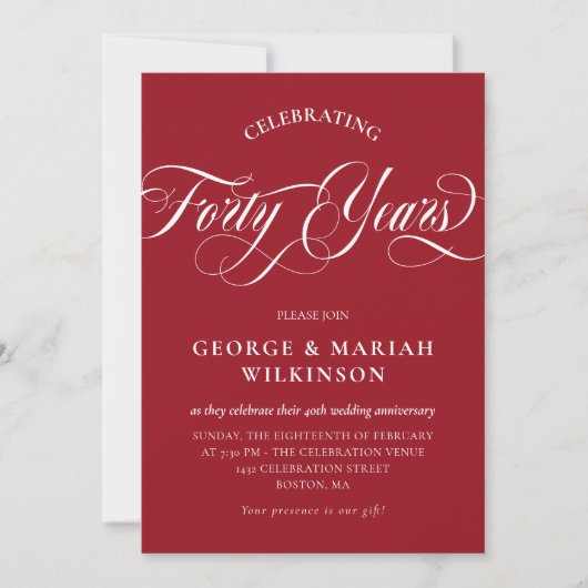 Invitation Ruby Red Swirly Calligraphy 40e Anniversaire de Ma (Devant)
