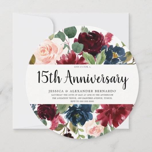 Invitation Ruby Red Wine Flowers 15e anniversaire Mariage (Devant)