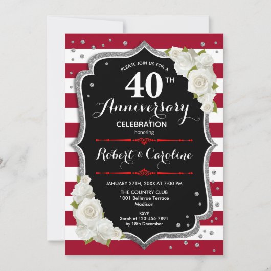 Invitation Ruby Rouge Argent Noir 40e Anniversaire (Devant)