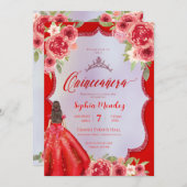 Invitation Ruby Rouge Floral Aquarelle Quinceanera (Devant / Derrière)