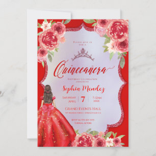 Invitation Ruby Rouge Floral Aquarelle Quinceanera