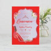 Invitation Ruby Rouge Floral Aquarelle Quinceanera (Debout devant)
