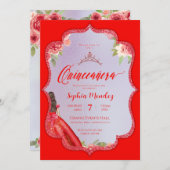 Invitation Ruby Rouge Floral Aquarelle Quinceanera (Devant / Derrière)