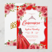 Invitation Ruby Rouge Floral Aquarelle Quinceanera (Devant / Derrière)