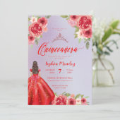 Invitation Ruby Rouge Floral Aquarelle Quinceanera (Debout devant)