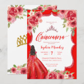 Invitation Ruby Rouge Rose Floral Aquarelle Quinceañera (Devant / Derrière)