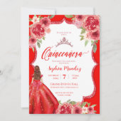 Invitation Ruby Rouge Rose Floral Aquarelle Quinceanera (Devant)