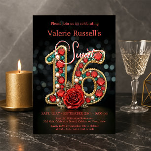 Invitation Ruby Turquoise Pearl Gemstone Rose Sweet 16
