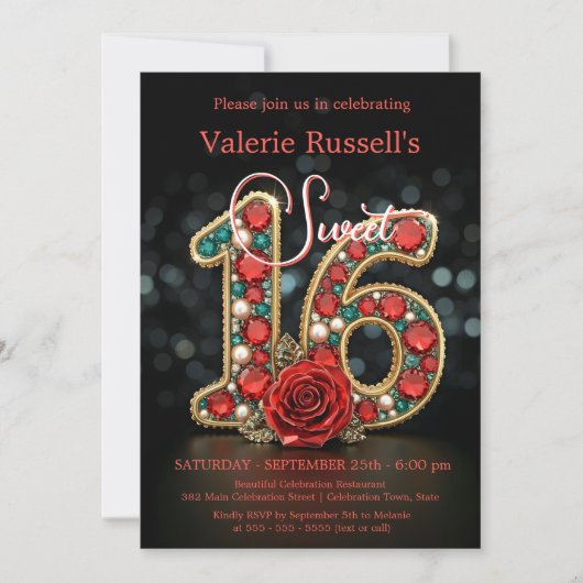 Invitation Ruby Turquoise Pearl Gemstone Rose Sweet 16 (Devant)