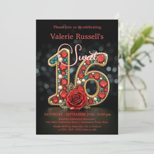 Invitation Ruby Turquoise Pearl Gemstone Rose Sweet 16 (Debout devant)