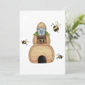 Invitation Ruche d'abeille avec fleur bleue et abeilles (Debout devant)