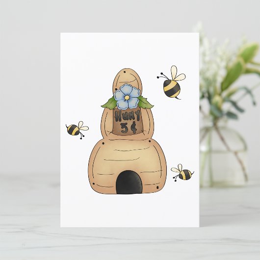 Invitation Ruche d'abeille avec fleur bleue et abeilles