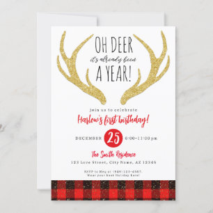 Invitation Rudolph Reindeer Oh Deer Noël 1er anniversaire