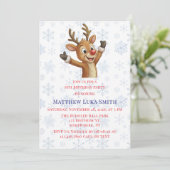 Invitation Rudolph with Blue Snowflakes Birthday Bash (Debout devant)
