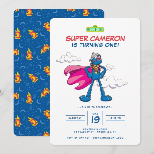 Invitation Rue Sésame | Anniversaire de Super Grover (Devant / Derrière)