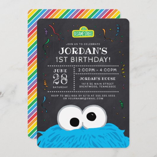 Invitation Rue Sésame | Cookie Monster Chalkboard Anniversair (Devant / Derrière)