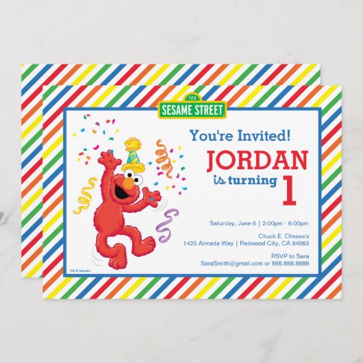 Invitation Rue Sésame | Elmo - Arc-en-ciel 1er anniversaire (Devant / Derrière)