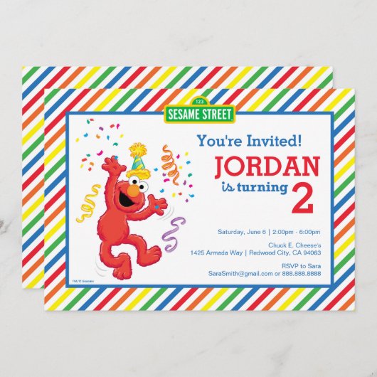 Invitation Rue Sésame | Elmo - Arc-en-ciel 2e anniversaire (Devant / Derrière)