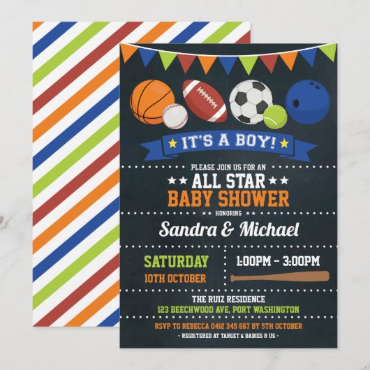 Invitation Rugby de basket-ball de baby shower d'All Star de (Devant / Derrière)