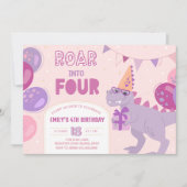 Invitation Rugir dans 4 Invitations. Fille dinosaure 4ème (Devant)