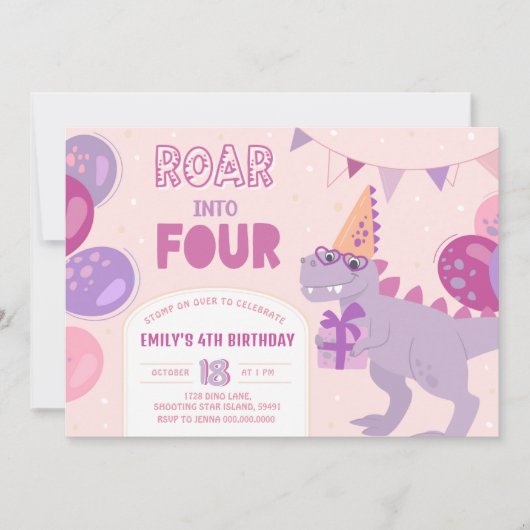 Invitation Rugir dans 4 Invitations. Fille dinosaure 4ème (Devant)