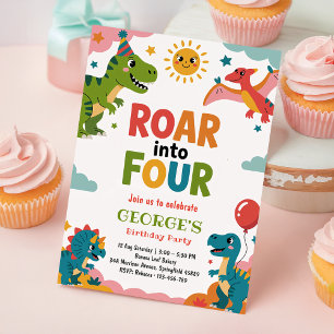 Invitation Rugir Dans Quatre Dinosaures Mignons Fête d'annive
