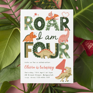 Invitation Rugir Je Suis Quatre, Dinosaure Bohème Rose 4ème