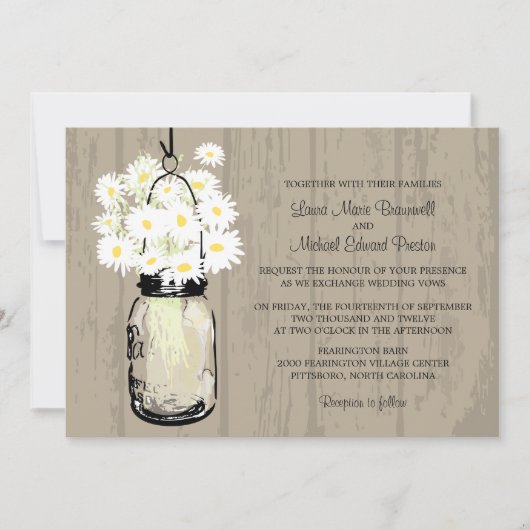 Invitation Rusic Brown Mason Jar Wild White Daisies (Devant)