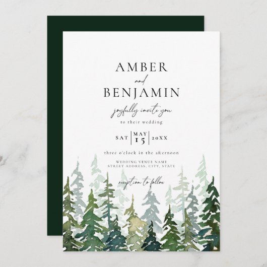 Invitation Russe Aquarelle Mariage forestier (Devant / Derrière)