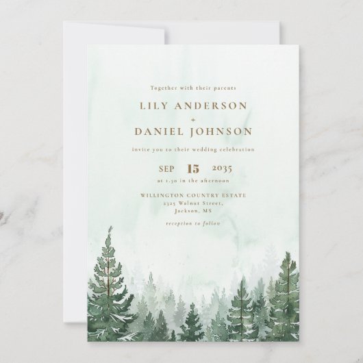 Invitation Russe Aquarelle Pine Tree Forest QR Code Mariage (Devant)