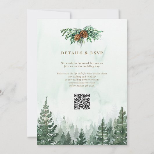Invitation Russe Aquarelle Pine Tree Forest QR Code Mariage (Dos)
