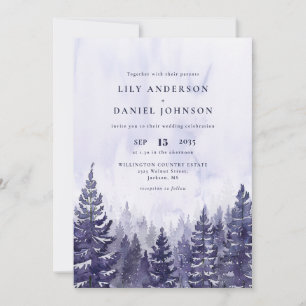 Invitation Russe Aquarelle Purple Pine Tree Mariage de forêt