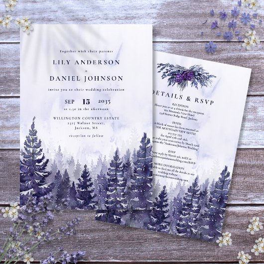 Invitation Russe Aquarelle Purple Pine Tree Mariage de forêt